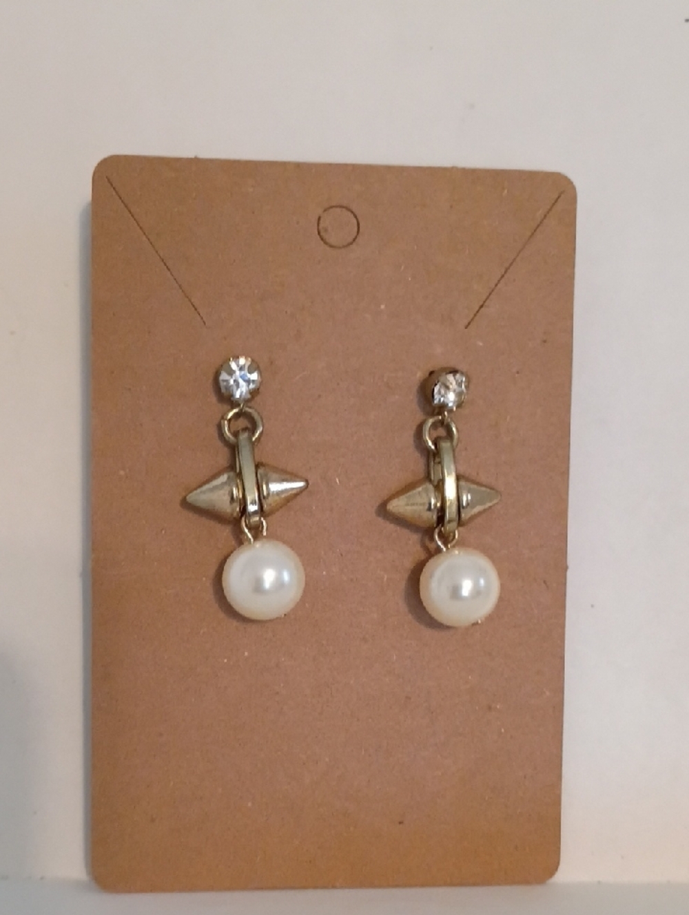 Gold Pearl Drop Dangle Earrings Crystal Accent Bridal Geometric Earrings - Picture 1 of 5